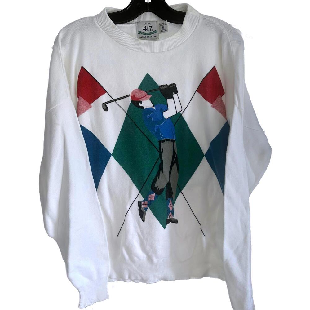 Vintage 417 Van Heusen Men's Golf White Colorful Golfer Sweater - Size Medium